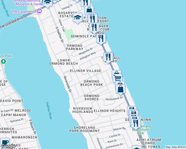map of restaurants, bars, coffee shops, grocery stores, and more near 5 Bayberry Court in Ormond Beach