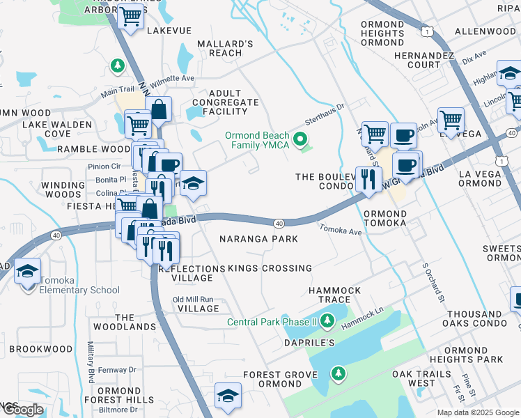 map of restaurants, bars, coffee shops, grocery stores, and more near 725 West Granada Boulevard in Ormond Beach
