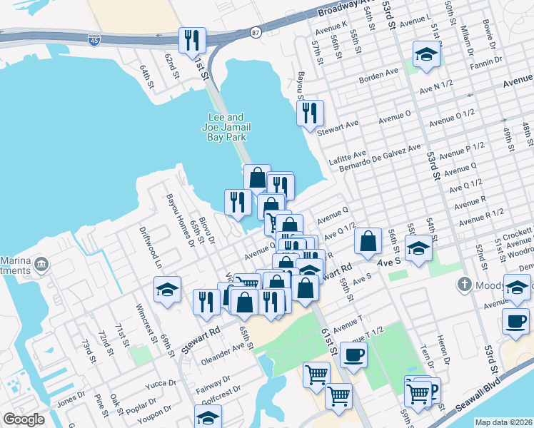 map of restaurants, bars, coffee shops, grocery stores, and more near 1923 61st Street in Galveston
