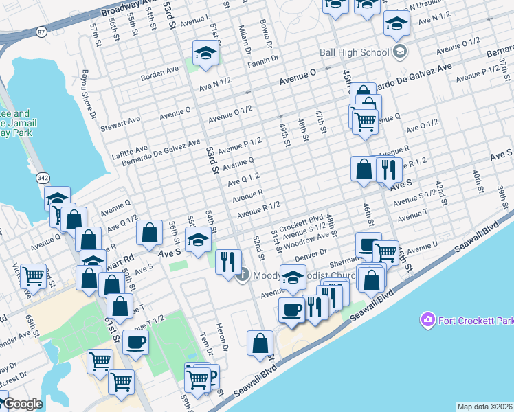 map of restaurants, bars, coffee shops, grocery stores, and more near 5112 Avenue R 1/2 in Galveston