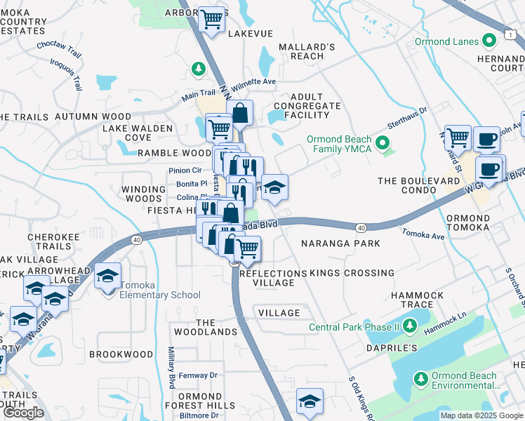 map of restaurants, bars, coffee shops, grocery stores, and more near 802A Sterthaus Drive in Ormond Beach