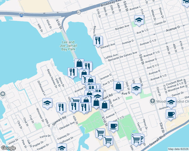 map of restaurants, bars, coffee shops, grocery stores, and more near 5900 Heards Lane in Galveston