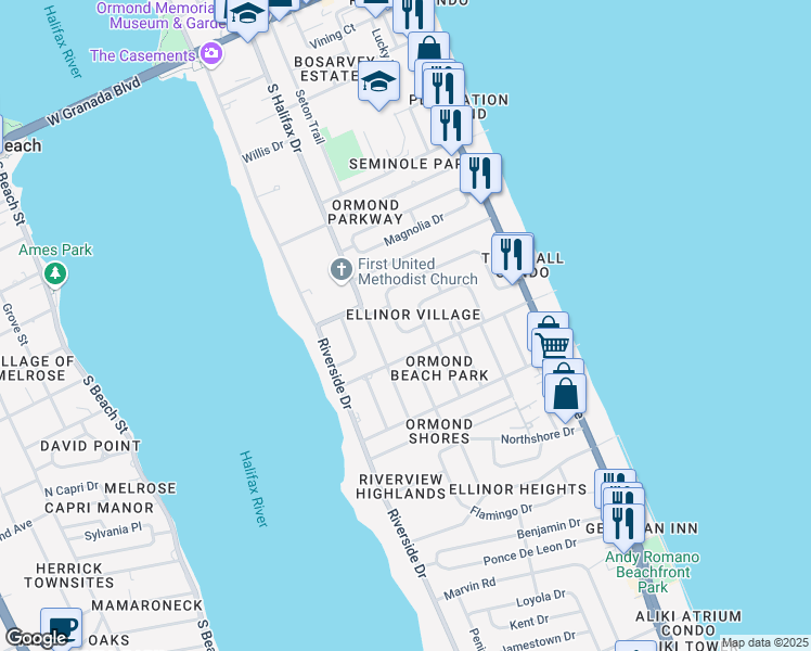 map of restaurants, bars, coffee shops, grocery stores, and more near 6 Cypress Circle in Ormond Beach