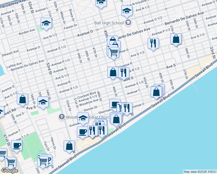 map of restaurants, bars, coffee shops, grocery stores, and more near 4628 Avenue S in Galveston