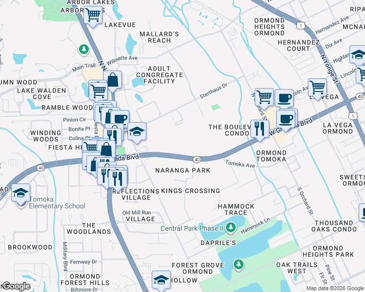map of restaurants, bars, coffee shops, grocery stores, and more near 725 West Granada Boulevard in Ormond Beach