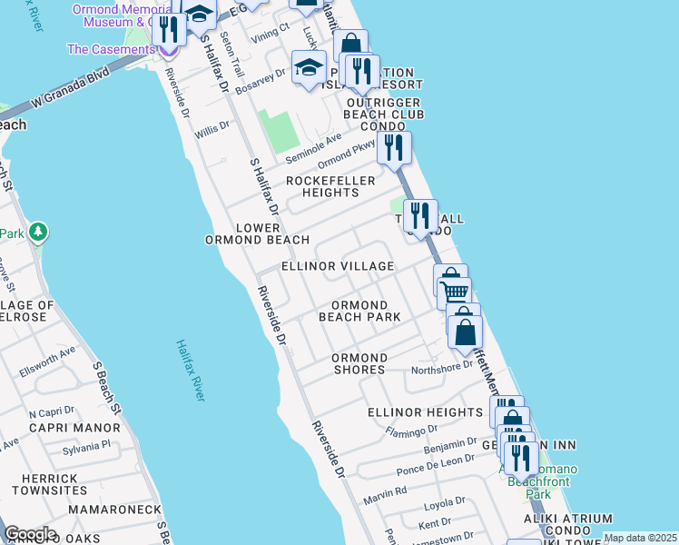 map of restaurants, bars, coffee shops, grocery stores, and more near 6 Cypress Circle in Ormond Beach