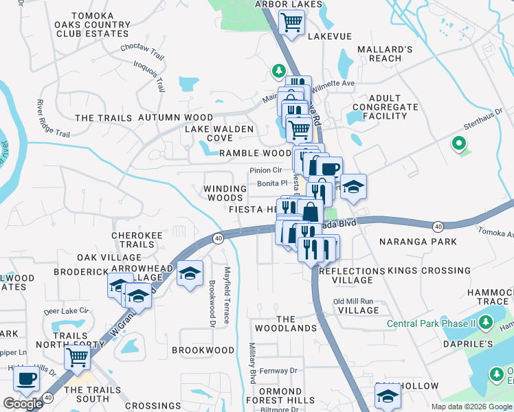 map of restaurants, bars, coffee shops, grocery stores, and more near 120 Colina Place in Ormond Beach
