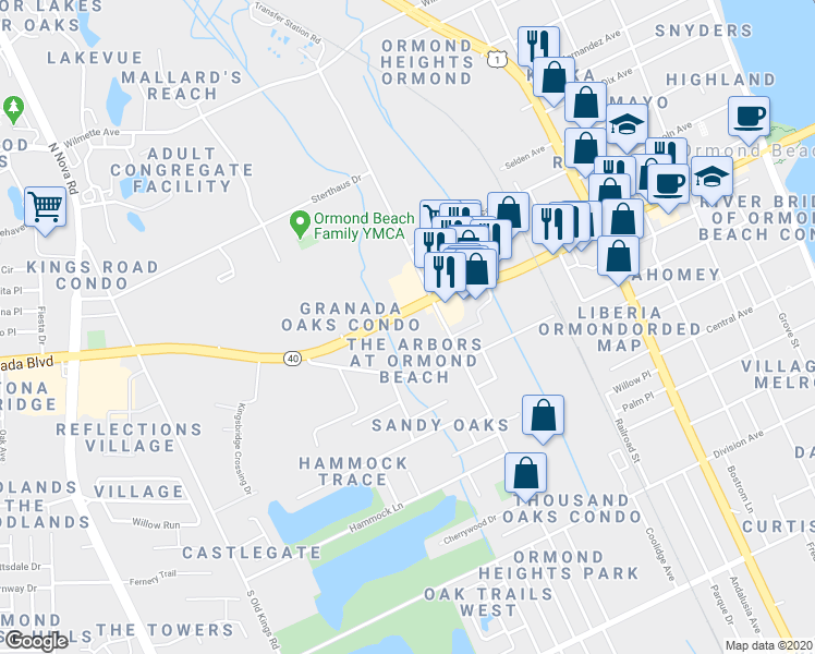 map of restaurants, bars, coffee shops, grocery stores, and more near 500 West Granada Boulevard in Ormond Beach