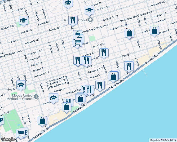 map of restaurants, bars, coffee shops, grocery stores, and more near 4416 Avenue South 1/2 in Galveston