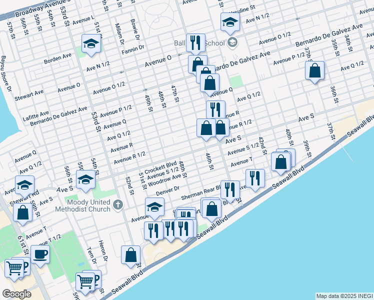 map of restaurants, bars, coffee shops, grocery stores, and more near 4628 Avenue S in Galveston