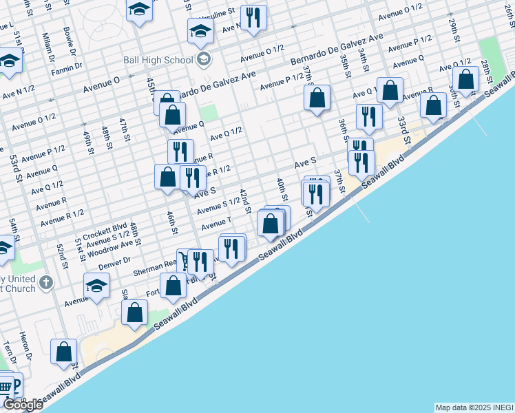 map of restaurants, bars, coffee shops, grocery stores, and more near 4116 Avenue T in Galveston