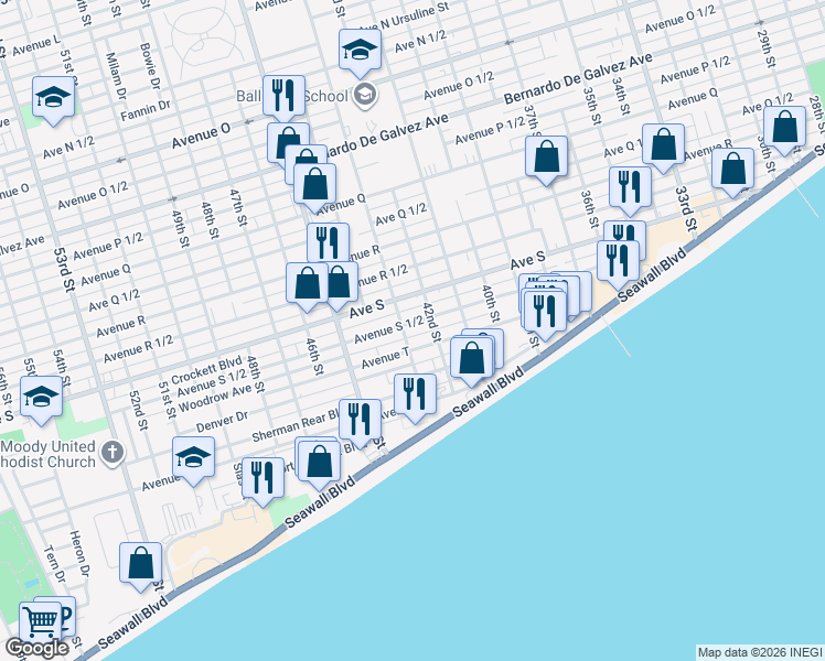 map of restaurants, bars, coffee shops, grocery stores, and more near 2611 42nd Street in Galveston