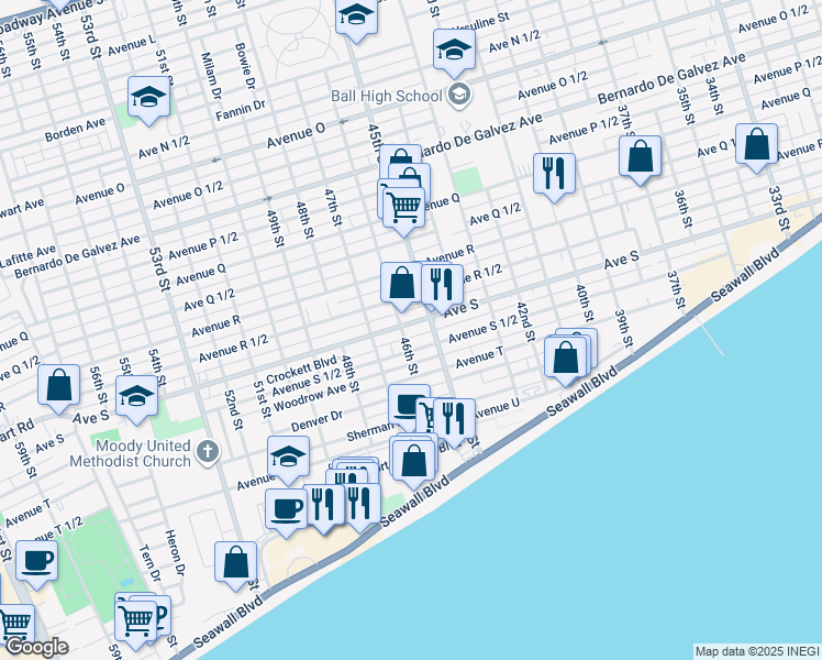 map of restaurants, bars, coffee shops, grocery stores, and more near 4523 Avenue S in Galveston