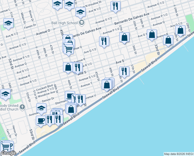 map of restaurants, bars, coffee shops, grocery stores, and more near 2611 42nd Street in Galveston