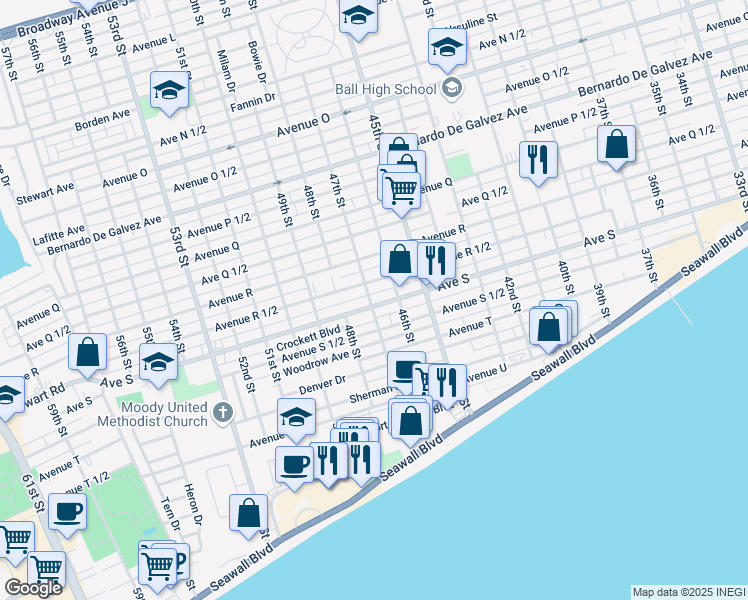 map of restaurants, bars, coffee shops, grocery stores, and more near 4628 Avenue S in Galveston