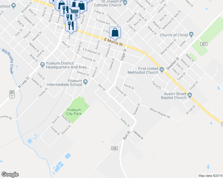 map of restaurants, bars, coffee shops, grocery stores, and more near 909 Edgar Street in Yoakum