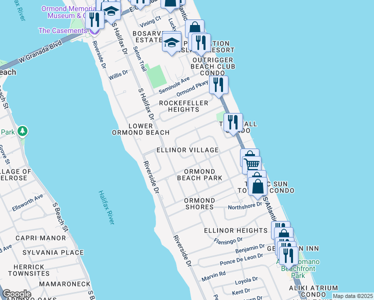 map of restaurants, bars, coffee shops, grocery stores, and more near 6 Cypress Cir in Ormond Beach