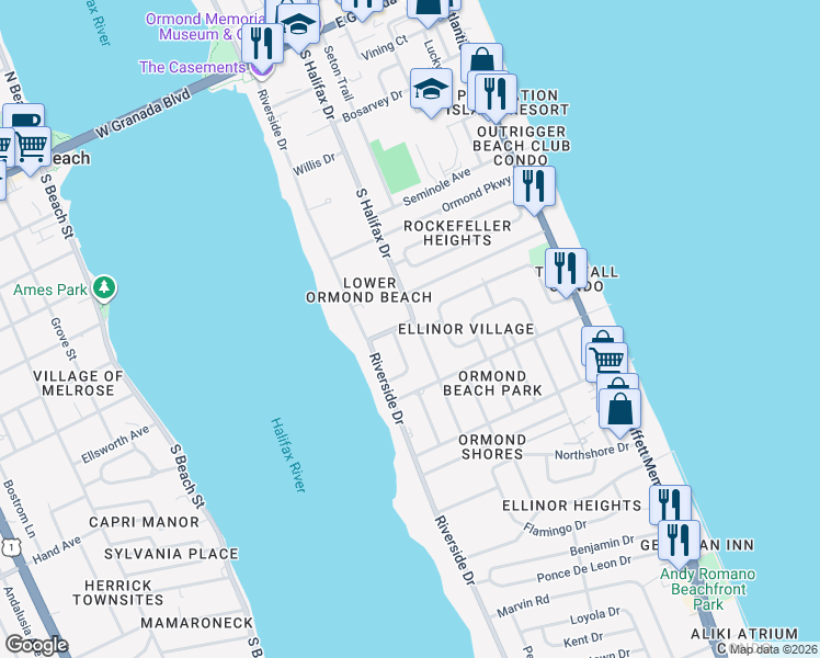 map of restaurants, bars, coffee shops, grocery stores, and more near 373 Mulberry Drive in Ormond Beach