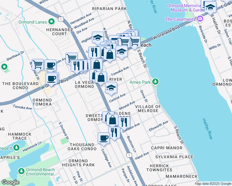 map of restaurants, bars, coffee shops, grocery stores, and more near 147 S Washington St in Ormond Beach
