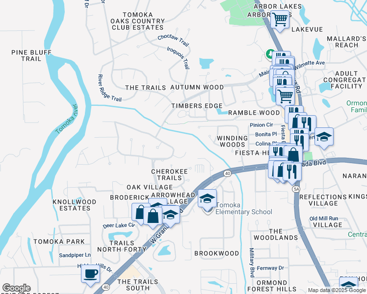 map of restaurants, bars, coffee shops, grocery stores, and more near 6 Rocky Creek Trail in Ormond Beach