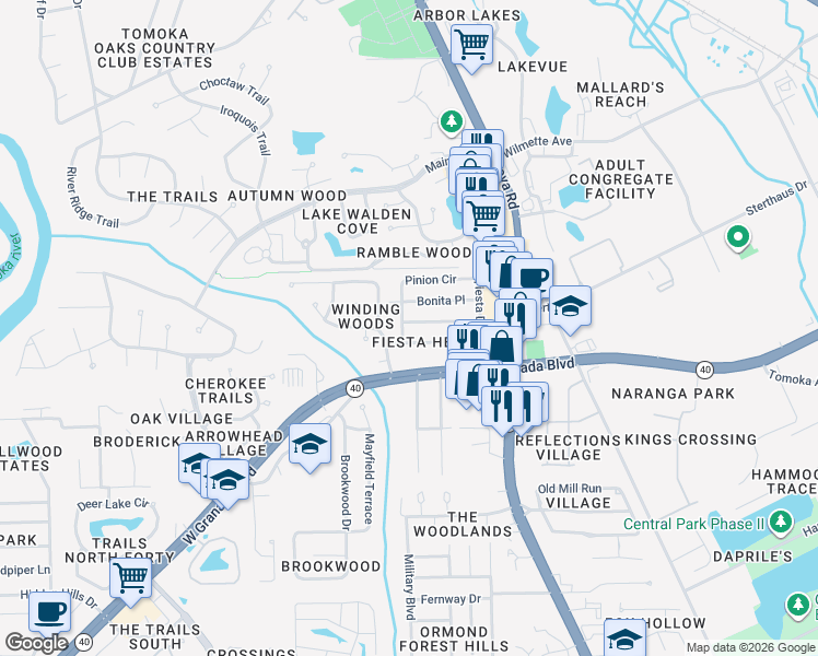 map of restaurants, bars, coffee shops, grocery stores, and more near 120 Colina Place in Ormond Beach