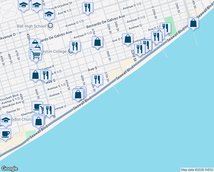 map of restaurants, bars, coffee shops, grocery stores, and more near Seawall Boulevard in Galveston