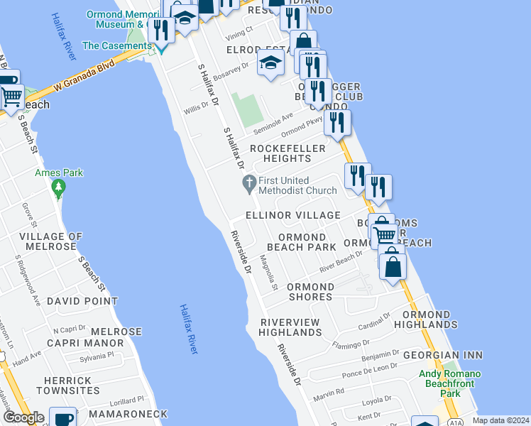map of restaurants, bars, coffee shops, grocery stores, and more near 373 Mulberry Drive in Ormond Beach