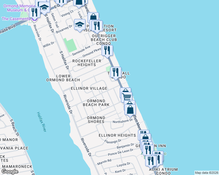 map of restaurants, bars, coffee shops, grocery stores, and more near 201 Rockefeller Drive in Ormond Beach