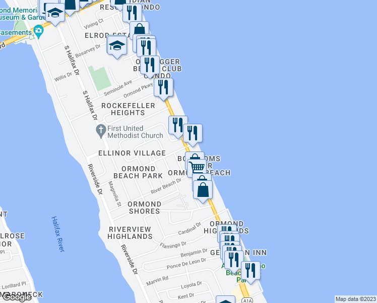 map of restaurants, bars, coffee shops, grocery stores, and more near South Atlantic Avenue in Ormond Beach