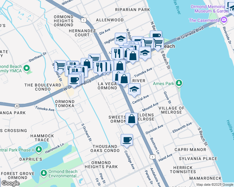map of restaurants, bars, coffee shops, grocery stores, and more near 251 Laws Lane in Ormond Beach