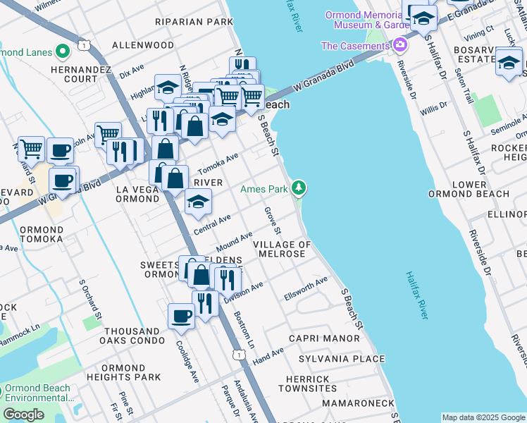 map of restaurants, bars, coffee shops, grocery stores, and more near 190 Grove Street in Ormond Beach