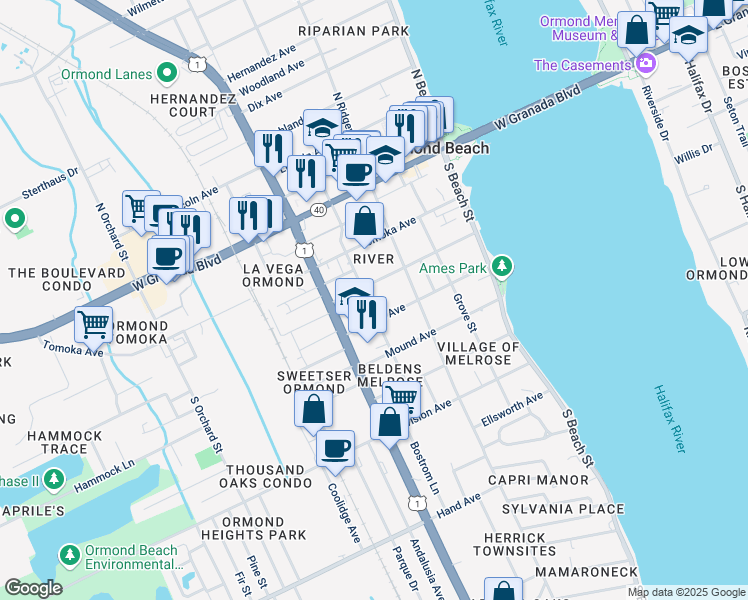 map of restaurants, bars, coffee shops, grocery stores, and more near 147 South Washington Street in Ormond Beach