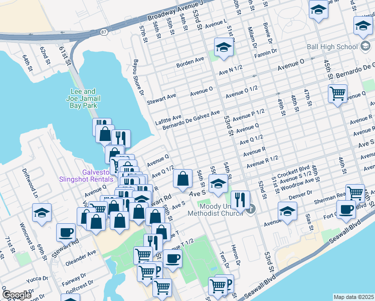 map of restaurants, bars, coffee shops, grocery stores, and more near 5611 Avenue Q in Galveston
