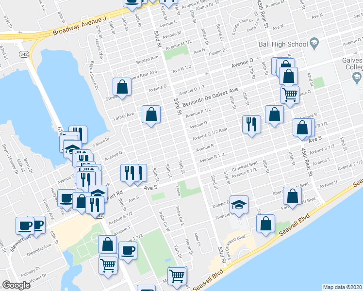 map of restaurants, bars, coffee shops, grocery stores, and more near 5313 Avenue Q 1/2 in Galveston