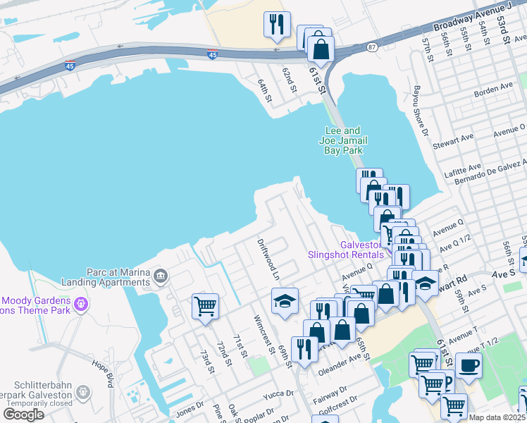 map of restaurants, bars, coffee shops, grocery stores, and more near 1515 Driftwood Lane in Galveston