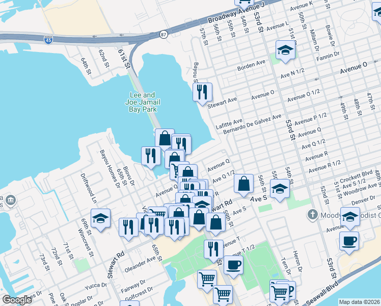 map of restaurants, bars, coffee shops, grocery stores, and more near 34 S Shore Dr in Galveston