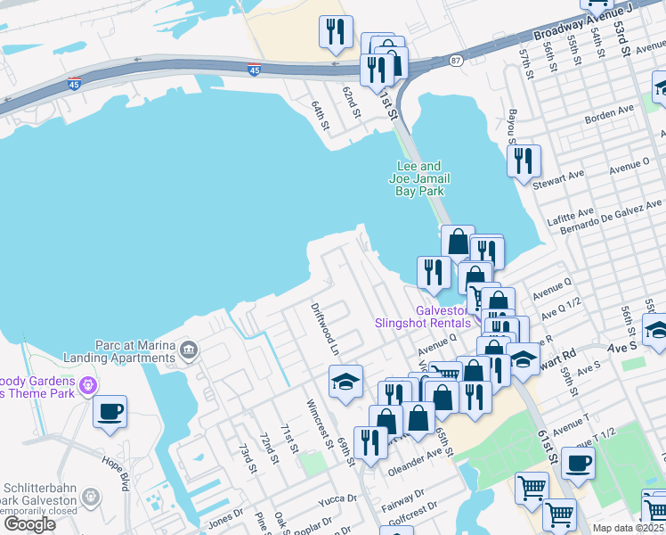 map of restaurants, bars, coffee shops, grocery stores, and more near 1515 Driftwood Lane in Galveston