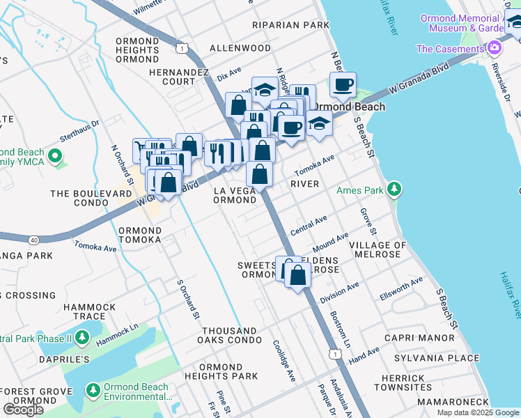 map of restaurants, bars, coffee shops, grocery stores, and more near 251 Laws Lane in Ormond Beach