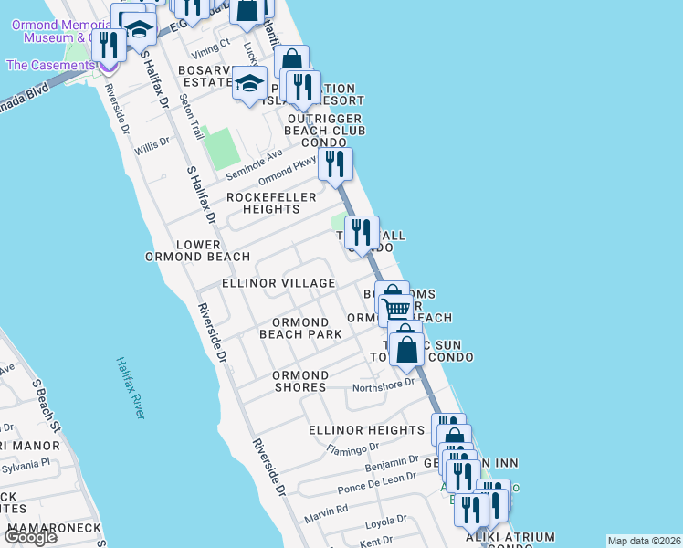 map of restaurants, bars, coffee shops, grocery stores, and more near 201 Rockefeller Drive in Ormond Beach