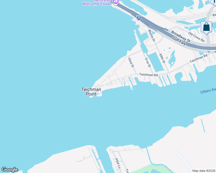 map of restaurants, bars, coffee shops, grocery stores, and more near 9625 Teichman Road in Galveston