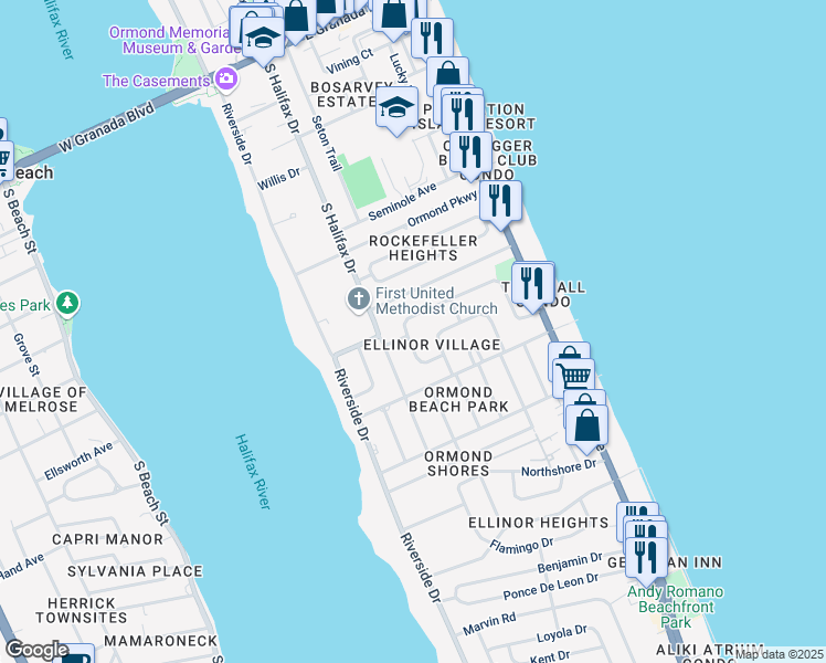 map of restaurants, bars, coffee shops, grocery stores, and more near 6 Cypress Circle in Ormond Beach
