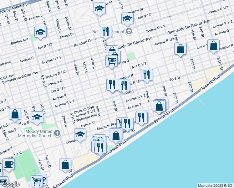 map of restaurants, bars, coffee shops, grocery stores, and more near 4523 Avenue S in Galveston