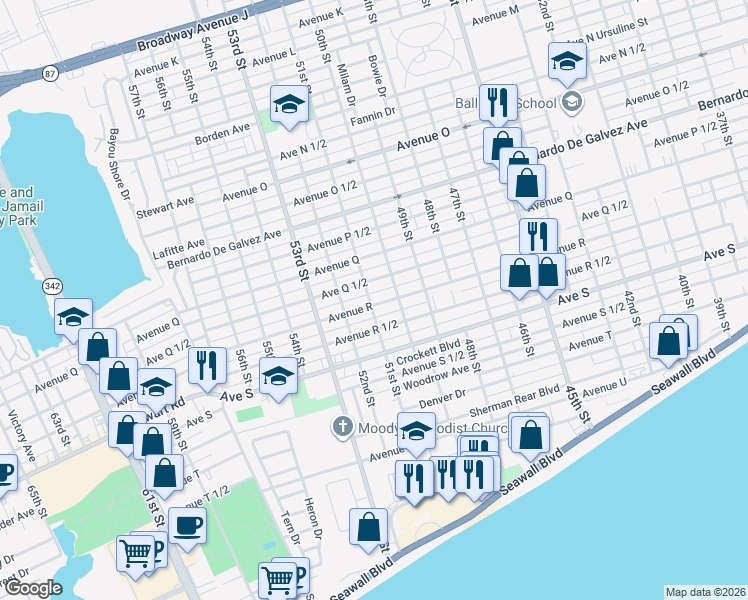 map of restaurants, bars, coffee shops, grocery stores, and more near 5011 Avenue R in Galveston