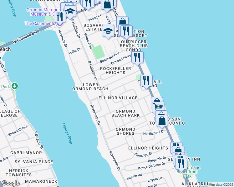 map of restaurants, bars, coffee shops, grocery stores, and more near 6 Cypress Circle in Ormond Beach