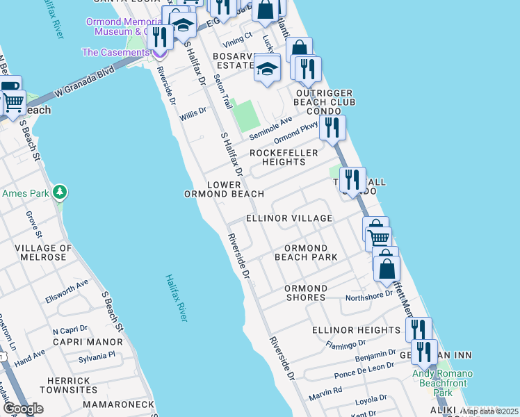 map of restaurants, bars, coffee shops, grocery stores, and more near 373 Mulberry Drive in Ormond Beach