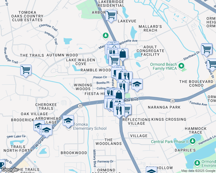 map of restaurants, bars, coffee shops, grocery stores, and more near 105 Colina Place in Ormond Beach