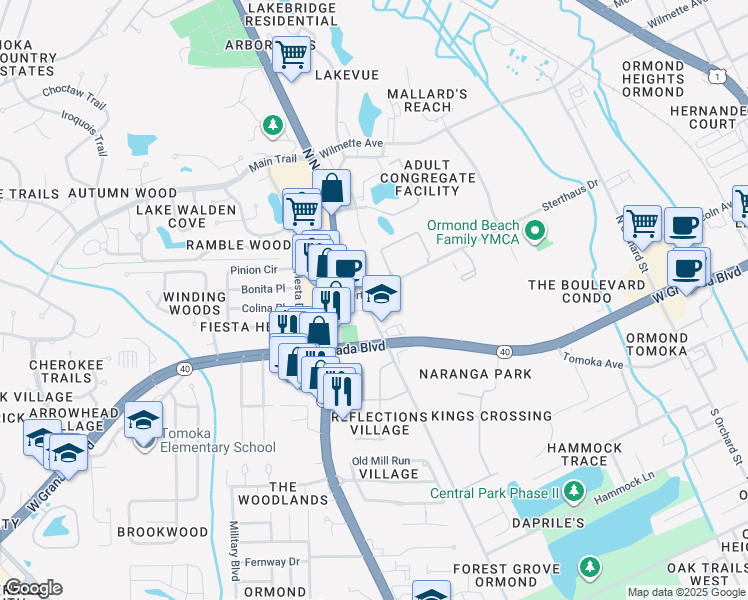 map of restaurants, bars, coffee shops, grocery stores, and more near 802A Sterthaus Drive in Ormond Beach
