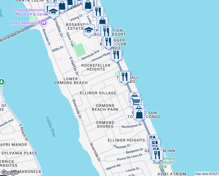 map of restaurants, bars, coffee shops, grocery stores, and more near 5 Bayberry Court in Ormond Beach