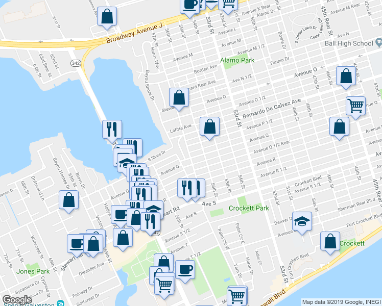 map of restaurants, bars, coffee shops, grocery stores, and more near 2016 57th Street in Galveston