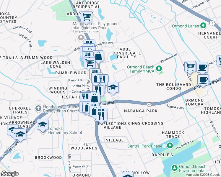 map of restaurants, bars, coffee shops, grocery stores, and more near 802A Sterthaus Drive in Ormond Beach